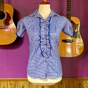 Women’s Vintage Blue and White Gingham Button Down Puff Sleeve Shirt 💙 SZ M